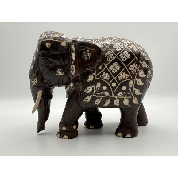Antique 19th Century Wooden Anglo Indian 5” Carved Rosewood Elephant w Inlay